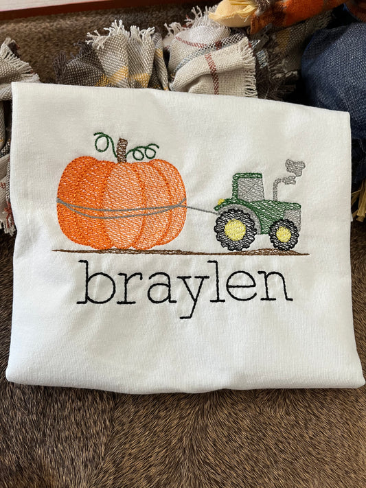 Personalized Tractor Pulling Big Pumpkin Boys' Embroidered Shirt