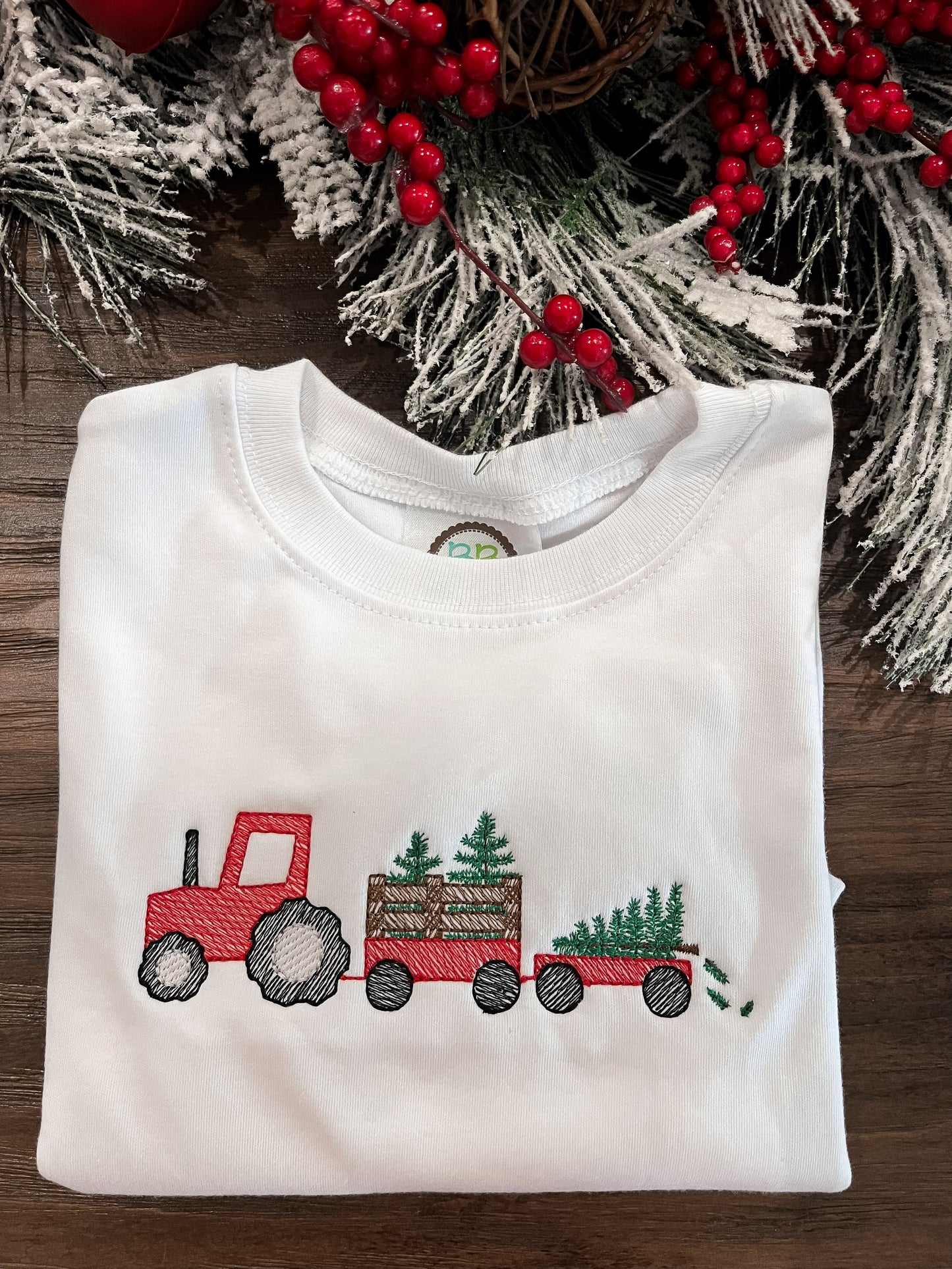 Tractor & Christmas Trees Embroidered Boys' Long Sleeve Shirt