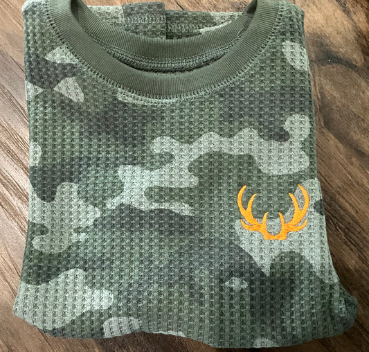 Embroidered Neon Orange Toddler Long Sleeve Camo Henley Shirt