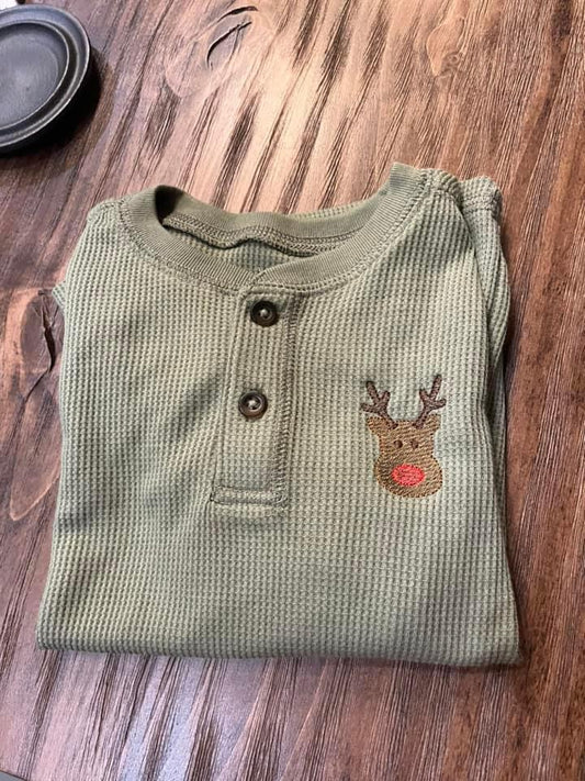 Reindeer Embroidered Boys' Green Long Sleeve Henley Shirt